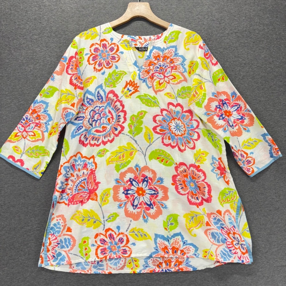 KiSol Tunic Womens XXL Floral Cotton V Neck 3/4 Sleeve White Multicolor Boho